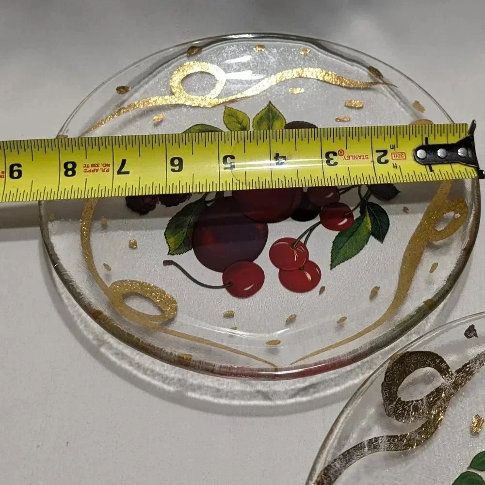 Set of 3 Clear Glass Plates with Fruit Decoration Gold